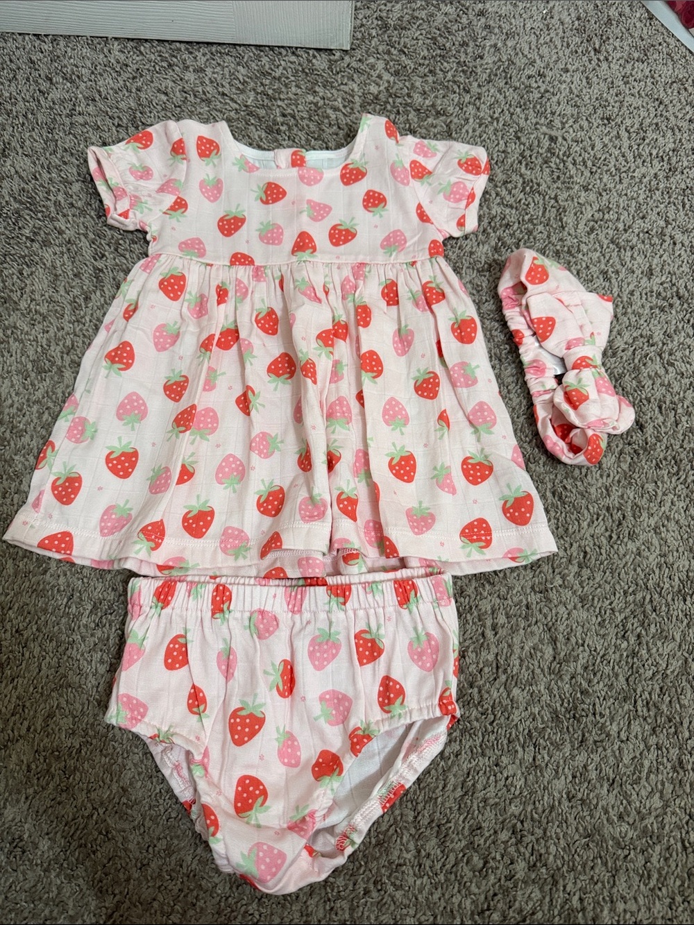 NWOT Milkberry Baby Girl's Strawberry Print Two Piece Dress and Diaper Cover Set